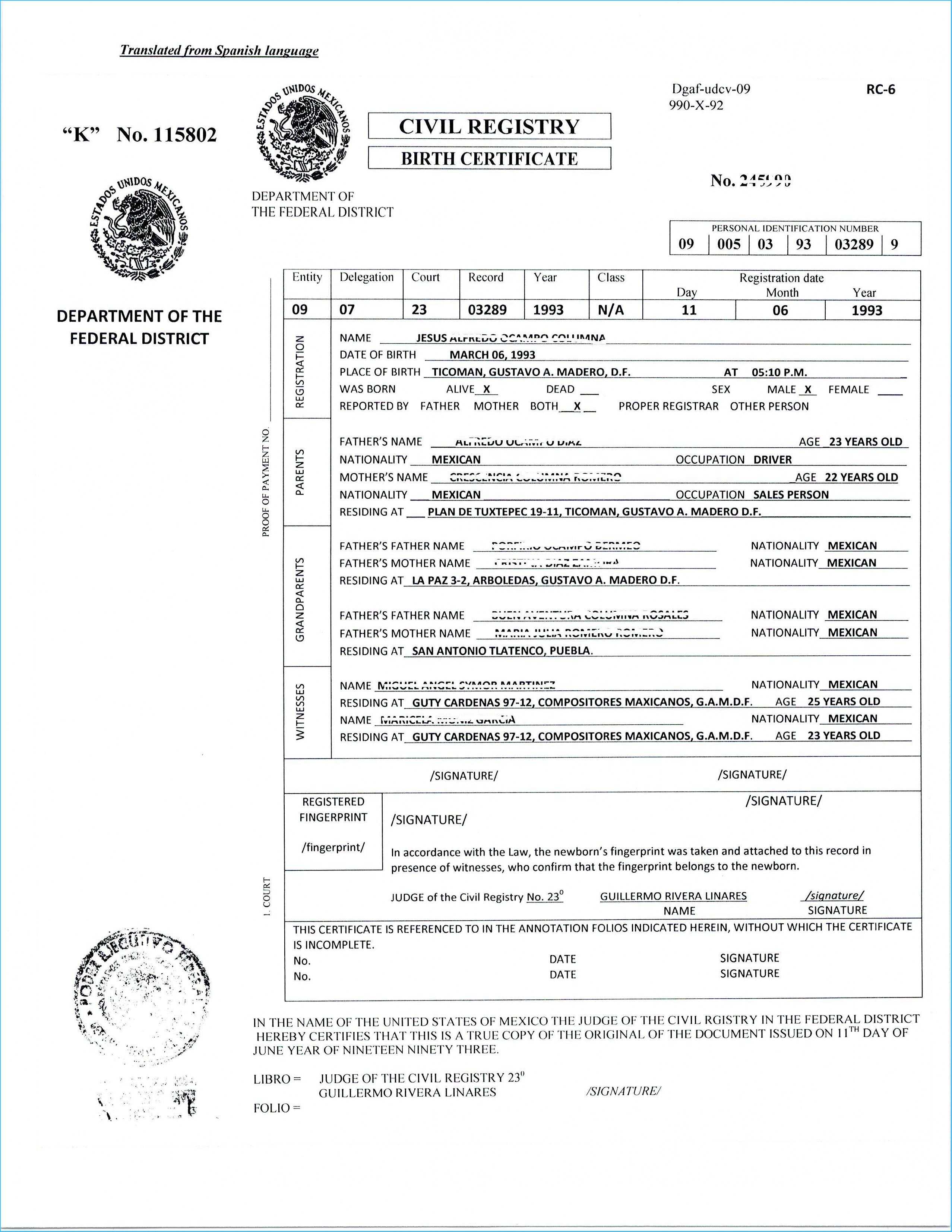 Translate Mexican Birth Certificate Free Template Translated For Mexican Marriage Certificate Translation Template