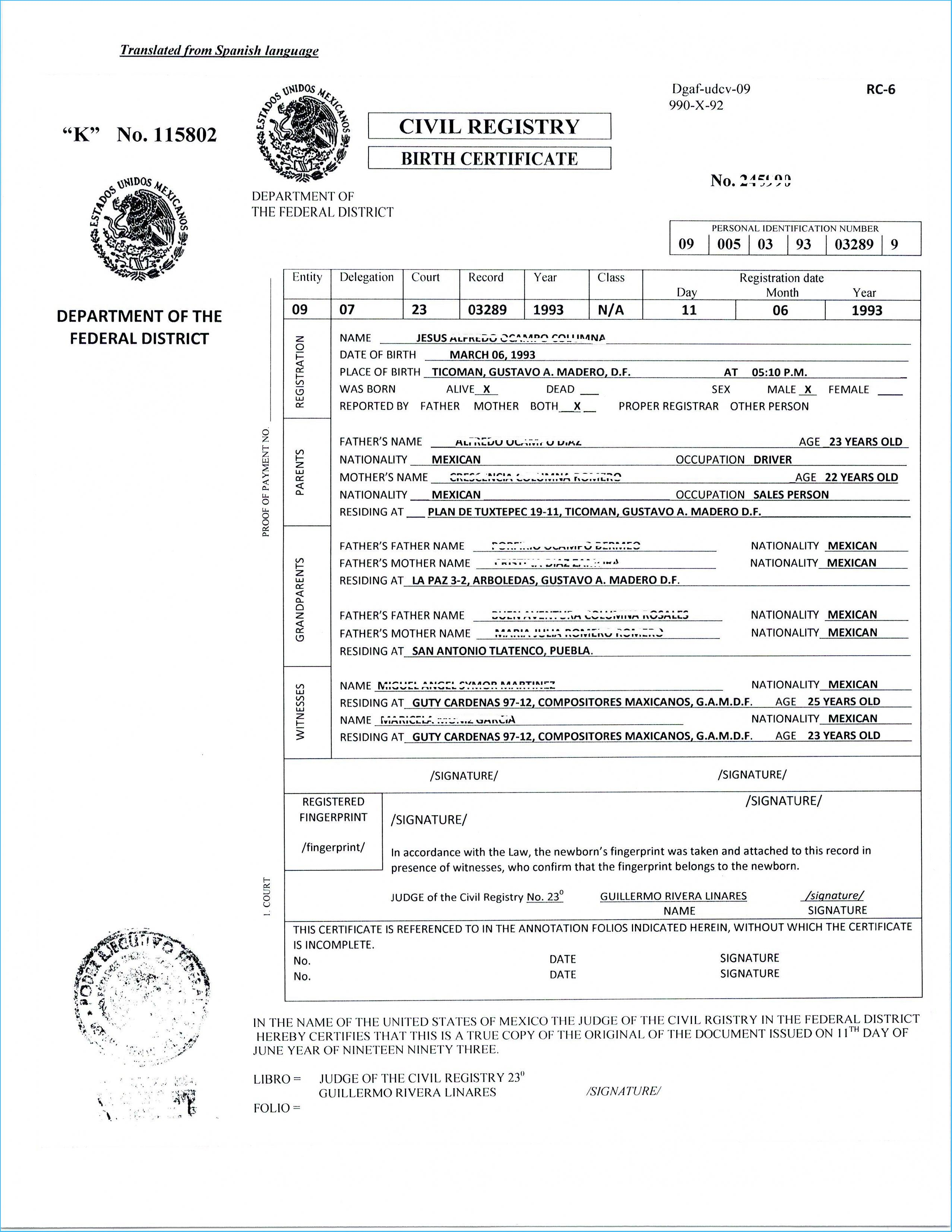 Translate Mexican Birth Certificate Free Template Translated Inside Uscis Birth Certificate Translation Template