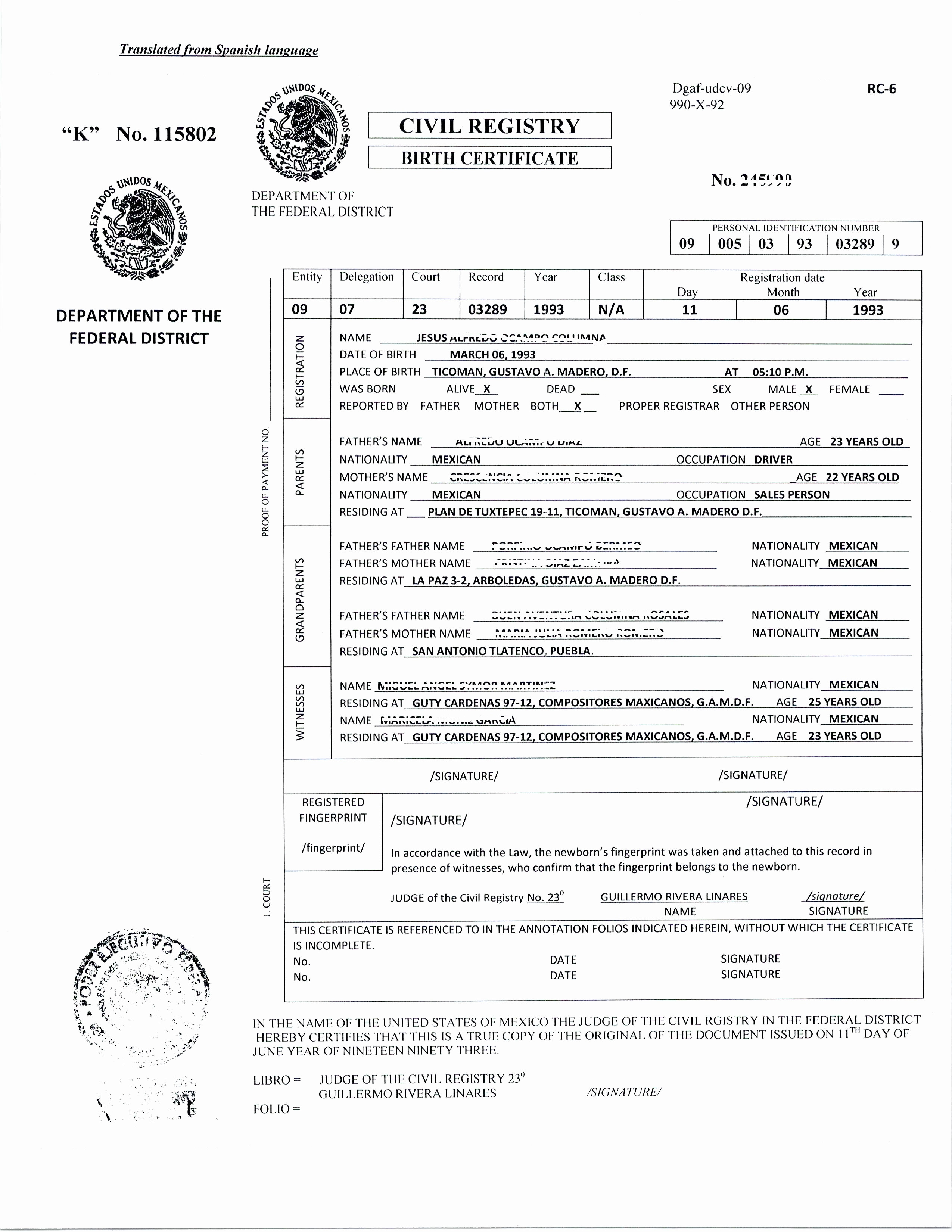 Translation Certification Statement Uscis For Birth With Regard To Birth Certificate Translation Template Uscis