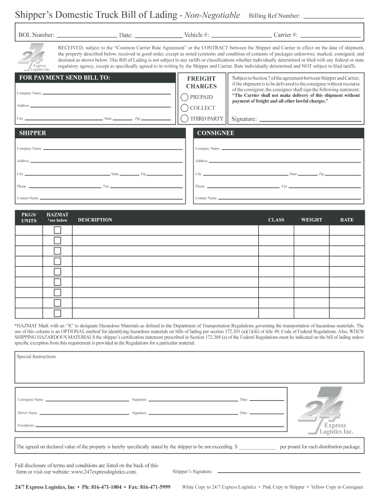 Truck Bill Of Lading – Fill Online, Printable, Fillable Pertaining To Blank Bol Template