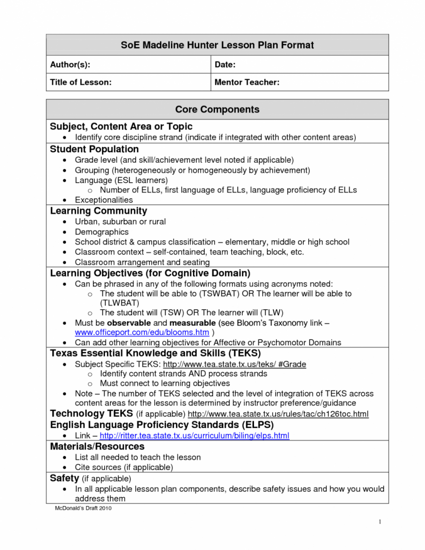 Unusual Madeline Hunter Lesson Plan Template Ideas Doc For Madeline Hunter Lesson Plan Blank Template