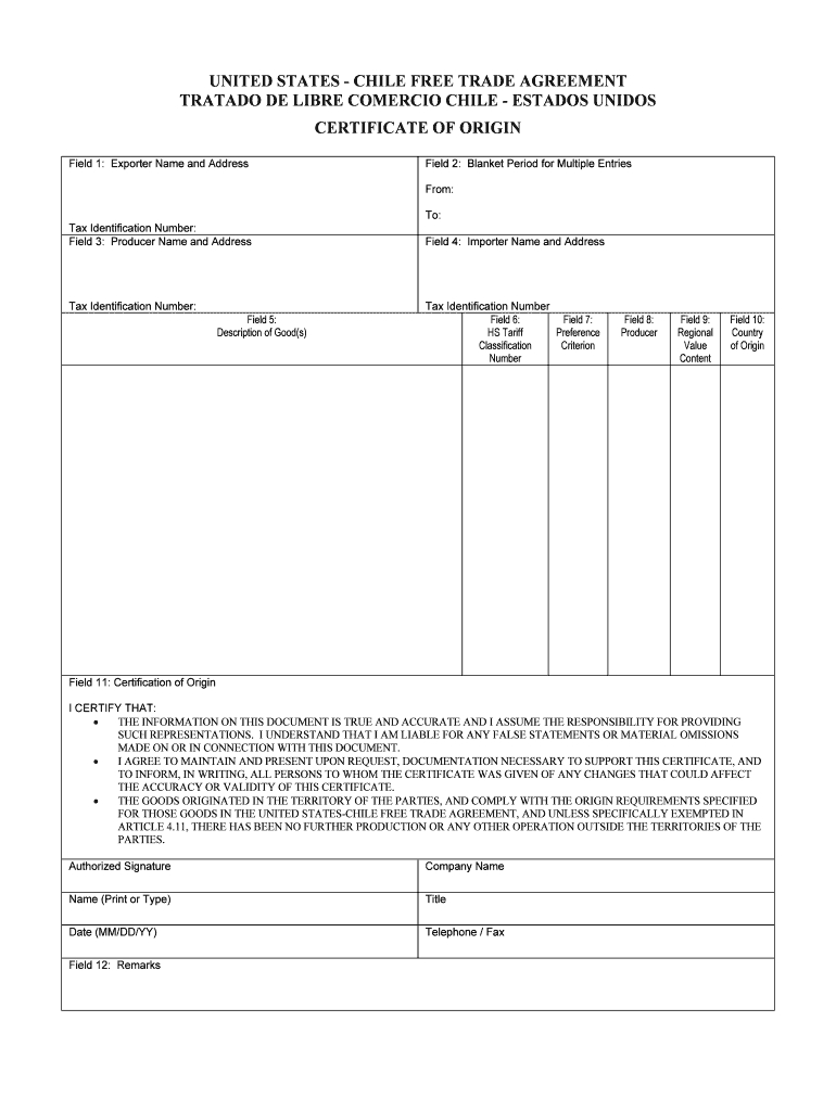 Us Chile Certificate Of Origin - Fill Online, Printable Inside Certificate Of Origin For A Vehicle Template