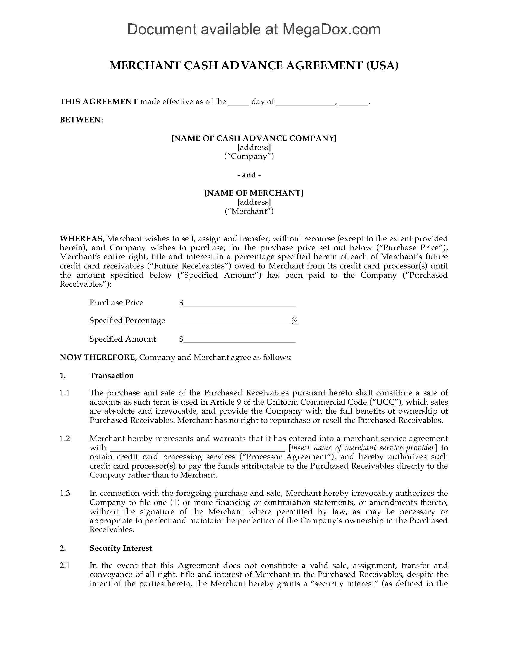 Usa Merchant Cash Advance Agreement With Corporate Credit Card Agreement Template