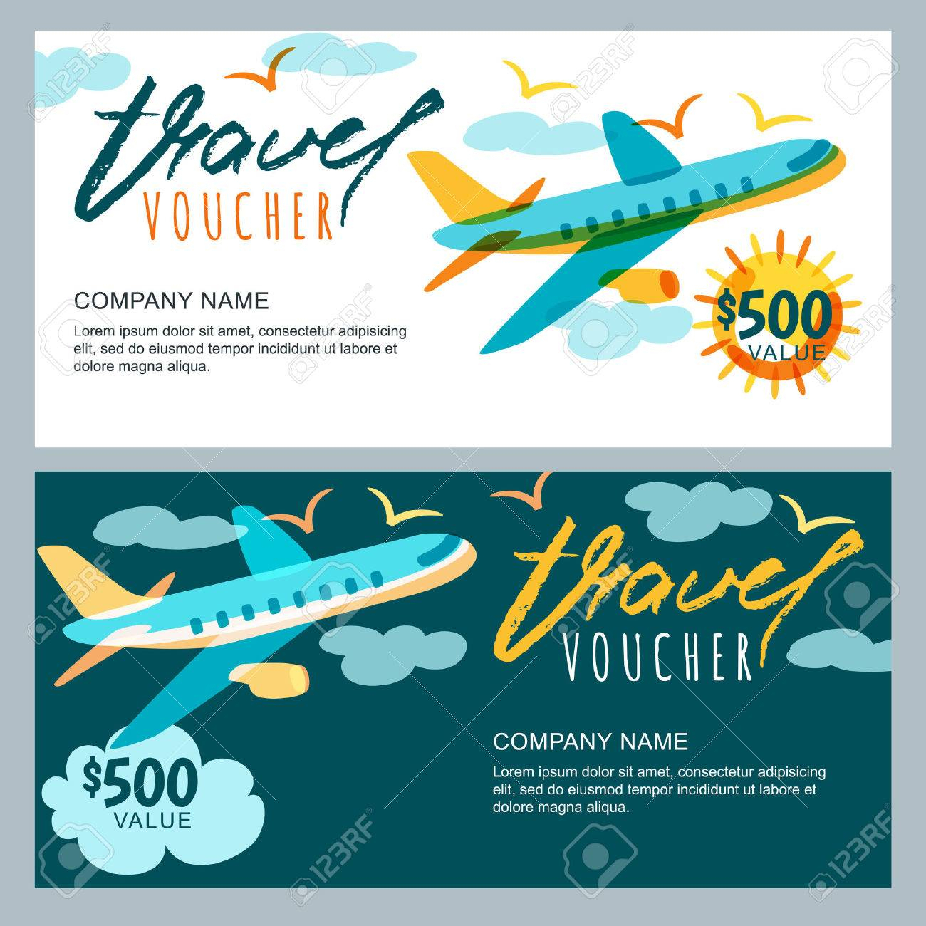 Vector Gift Travel Voucher Template. Multicolor Flying With Free Travel Gift Certificate Template
