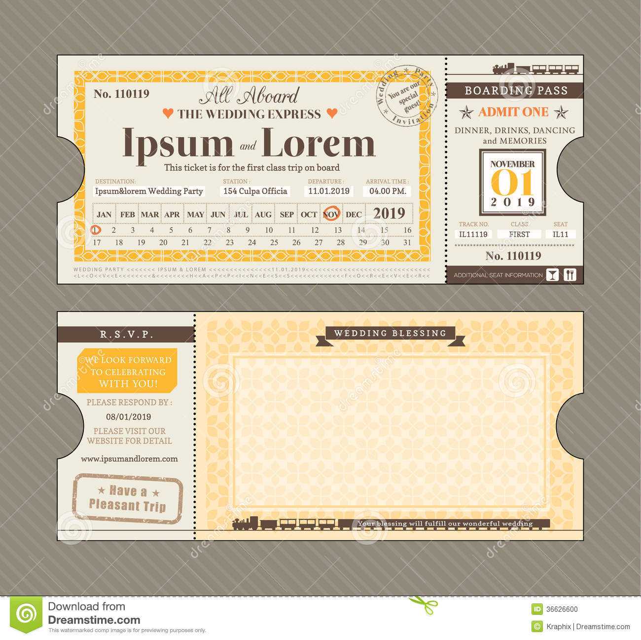 Vector Train Ticket Wedding Invitation Design Template Stock For Blank Train Ticket Template