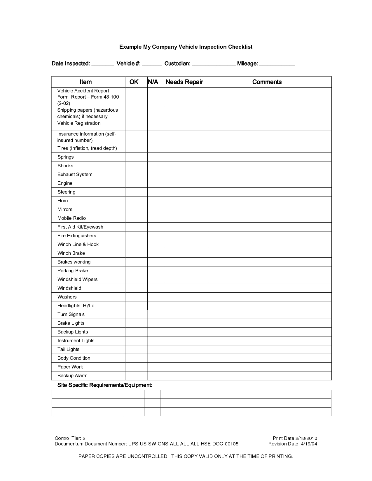 Vehicle Inspection Checklist Template | Vehicle Inspection Pertaining To Vehicle Inspection Report Template
