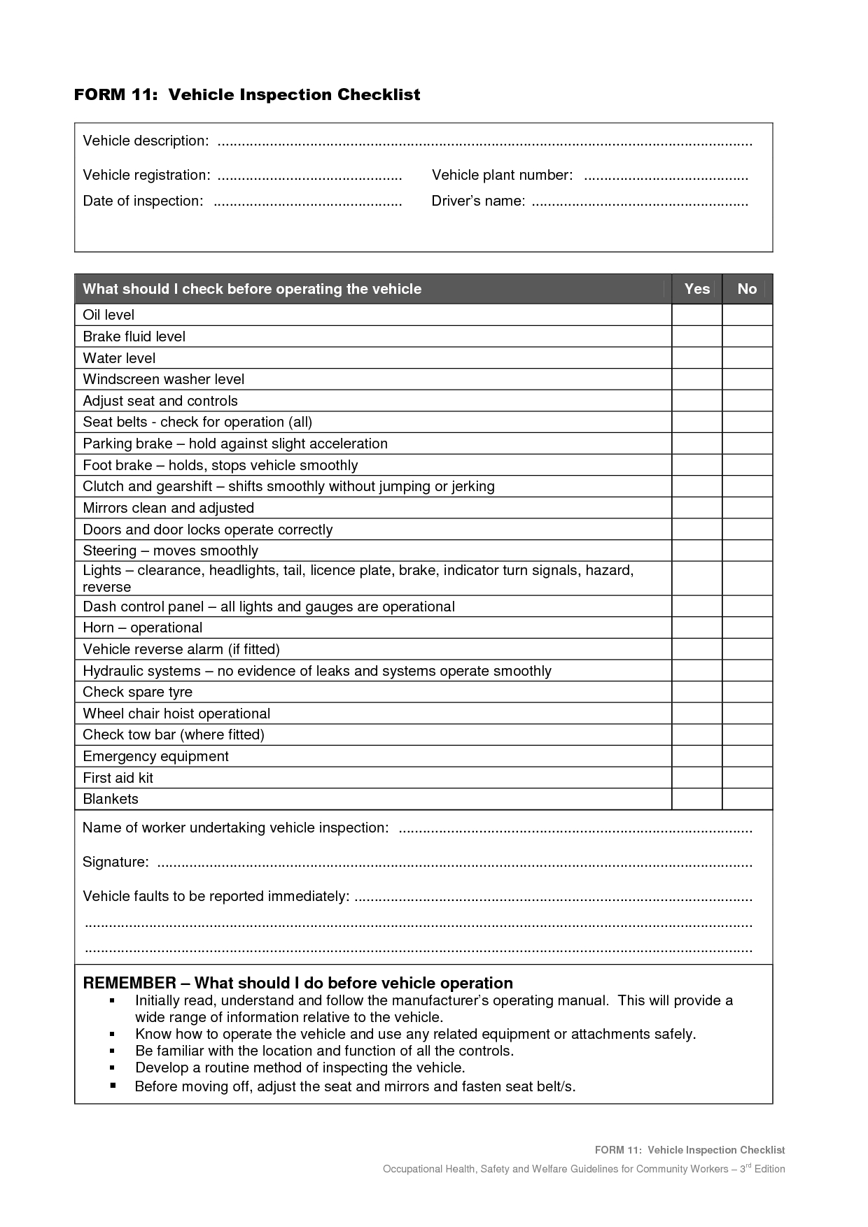 Vehicle+Safety+Inspection+Checklist+Form | Vehicle | Vehicle In Annual Health And Safety Report Template