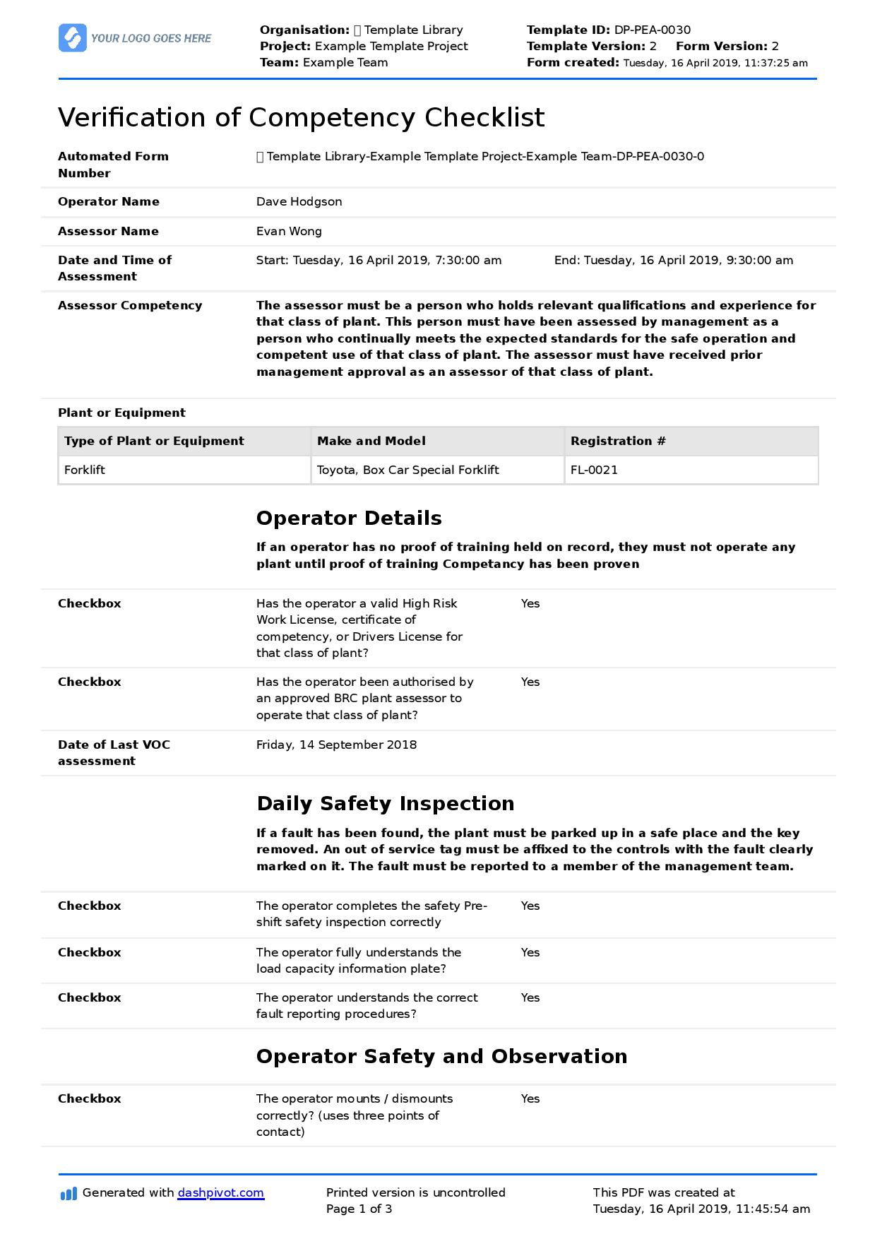 Verification Of Competency Template (Free And Editable Voc Form) In Equipment Fault Report Template