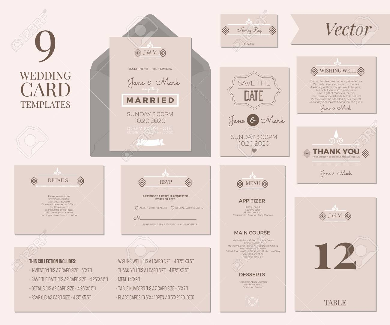 Vintage Minimal Wedding Invitation Card Collection Set Template.. With Wedding Card Size Template