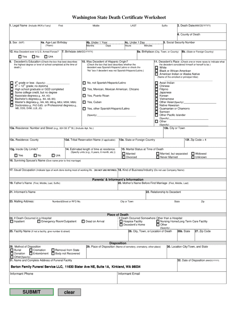 Washington State Death Certificate Worksheet – Fill Online Inside Baby Death Certificate Template