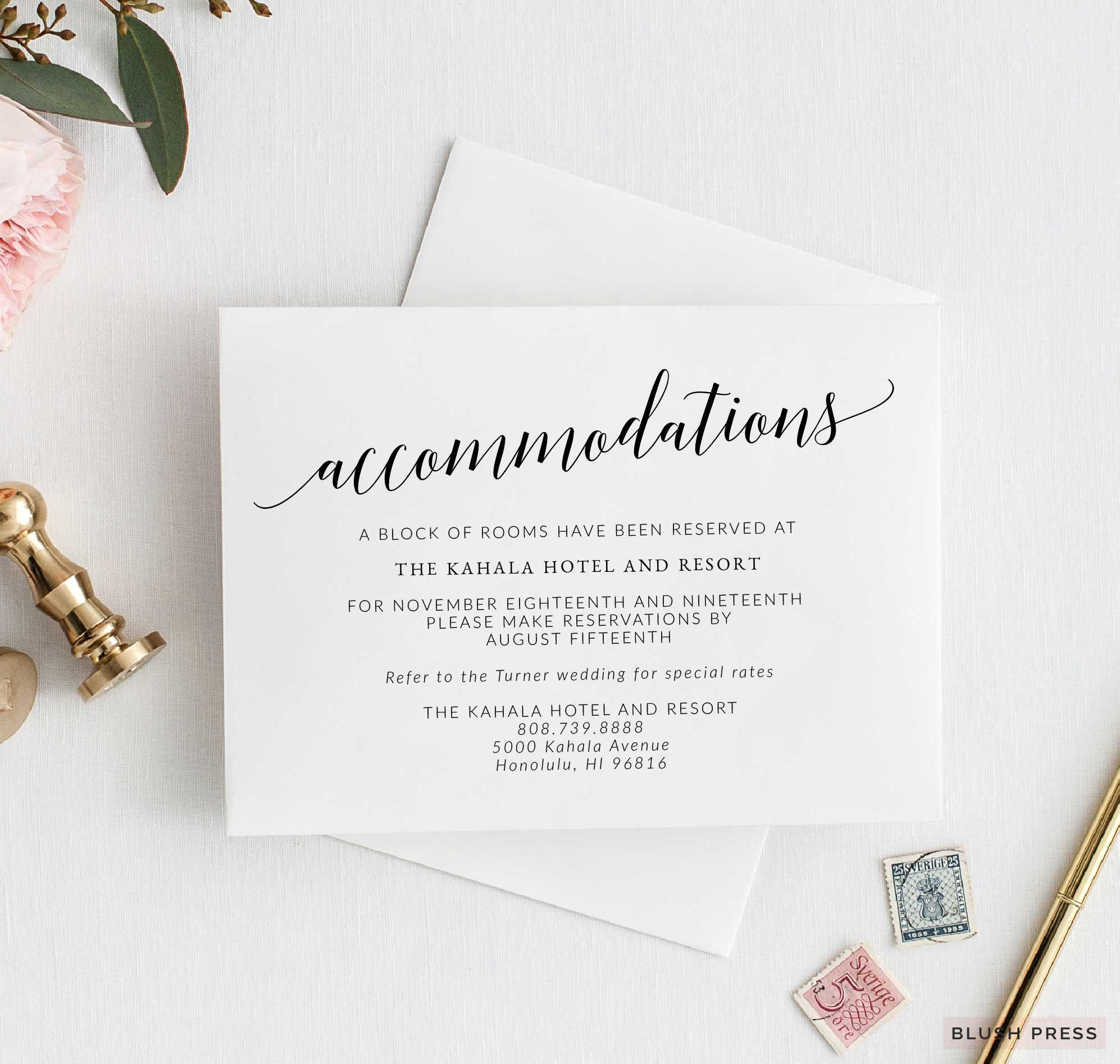 Wedding Accommodations Card Template, Printable Wedding Details Insert,  Wedding Info Card, Enclosure Card, Savannah Collection Sav 037 Inside Wedding Hotel Information Card Template