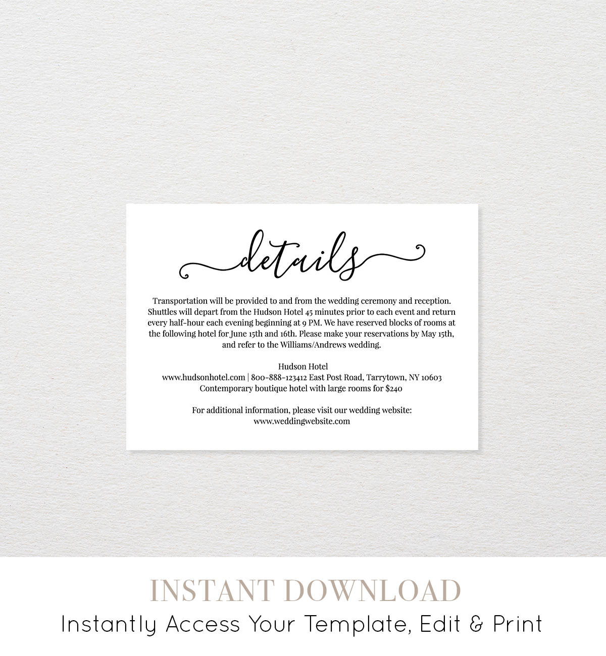 Wedding Details Card Template, Printable Accommodations Inside Table Reservation Card Template