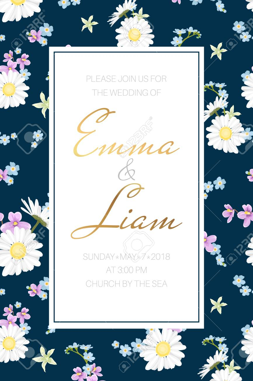 Wedding Marriage Event Invitation Card Template. Chamomile, Forget Me Not,.. Pertaining To Event Invitation Card Template