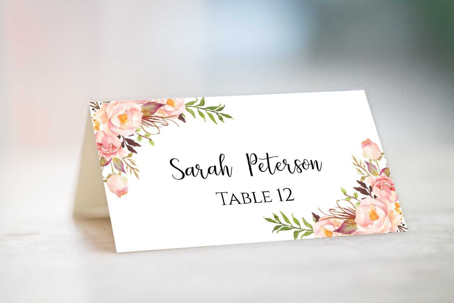 Wedding Place Card Template Fully Editable Diy Peony Flowers With Regard To Table Name Card Template