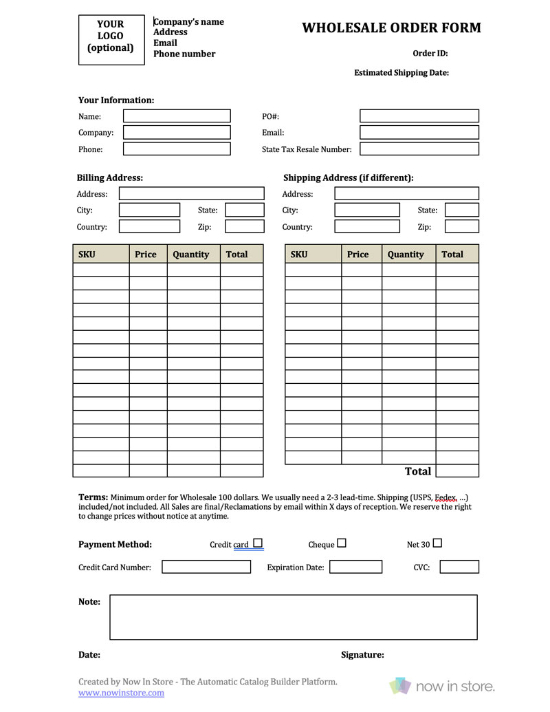 Wholesale Order Form Template – Create Your Own For Free Intended For Order Form With Credit Card Template