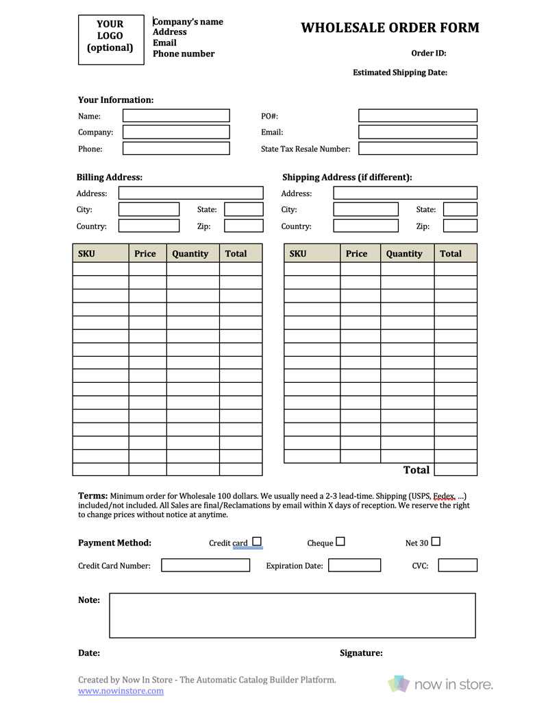 Wholesale Order Form Template – Create Your Own For Free Intended For Order Form With Credit Card Template