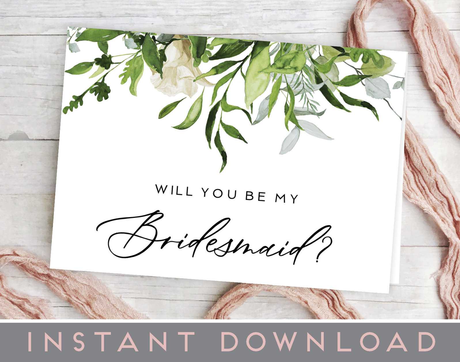 Will You Be My Bridesmaid Card, Printable Bridesmaid Card, Leaves,  Greenery, Will You Be My Bridesmaid Template, Pdf, Bridesmaid Invitation Throughout Will You Be My Bridesmaid Card Template