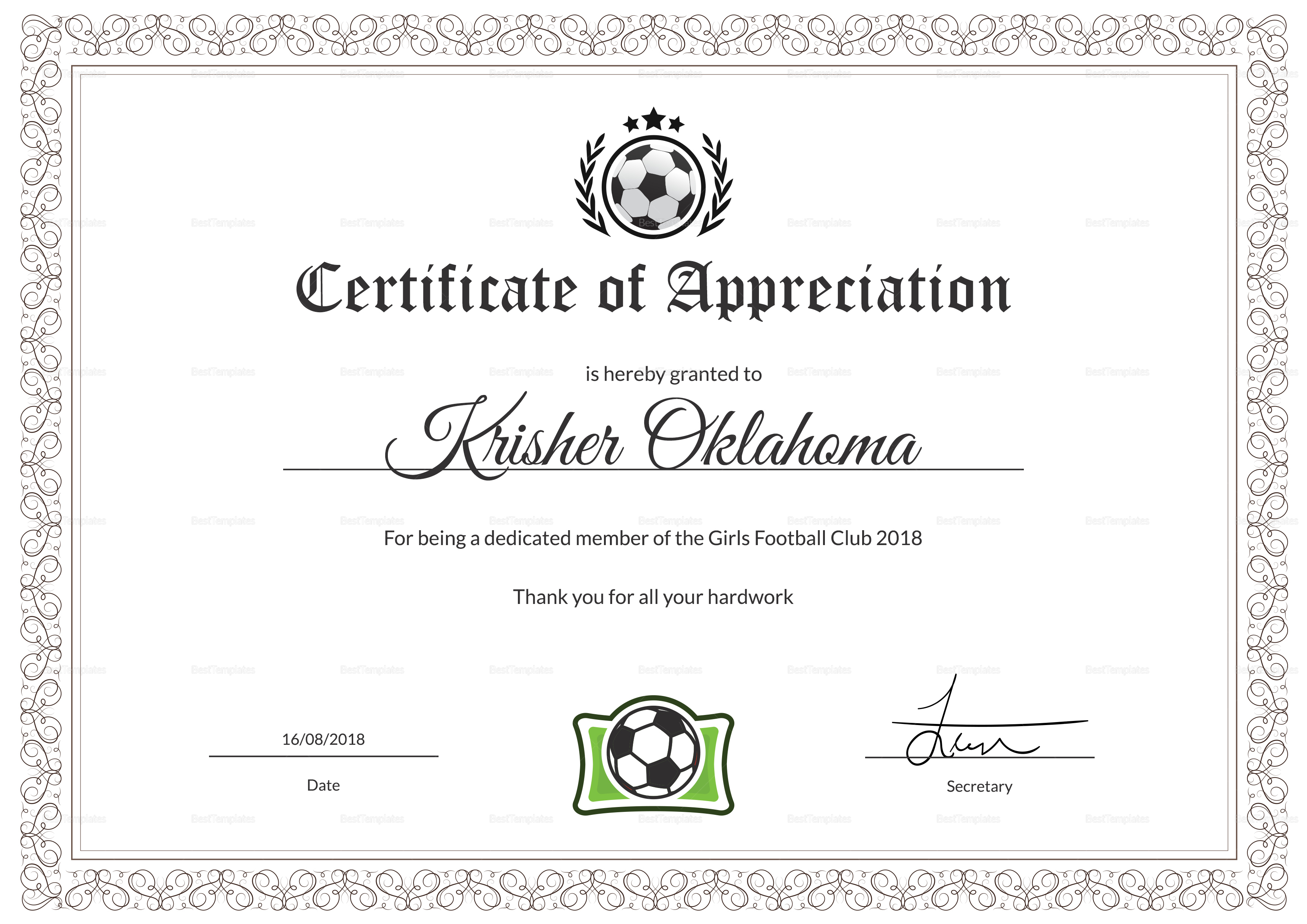 Women Football Appreciation Certificate Template Pertaining To Football Certificate Template