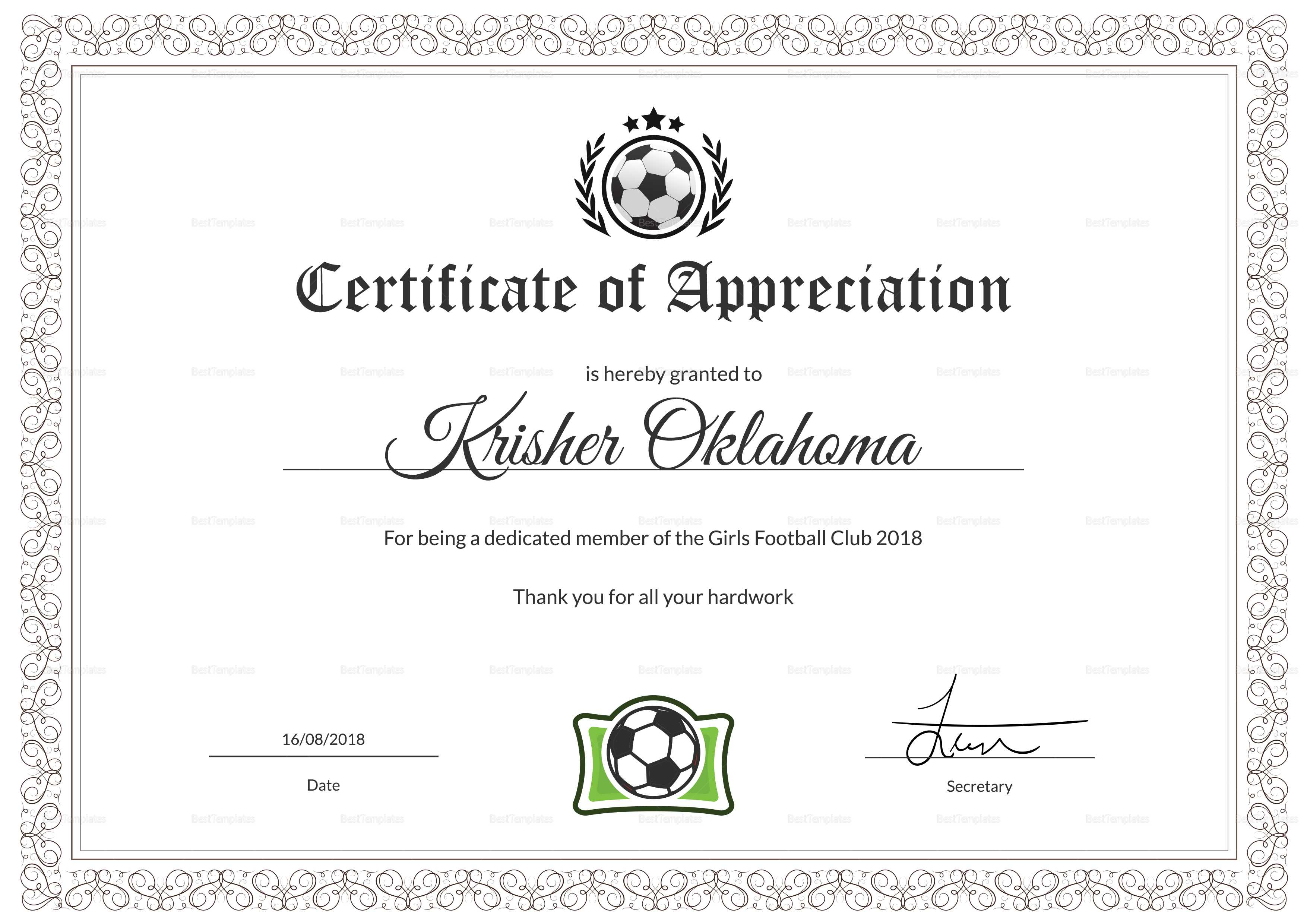 Women Football Appreciation Certificate Template Pertaining To Football Certificate Template