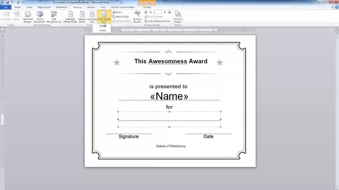 Word: Simple Mail Merge. Certificate Example In Award Certificate Templates Word 2007