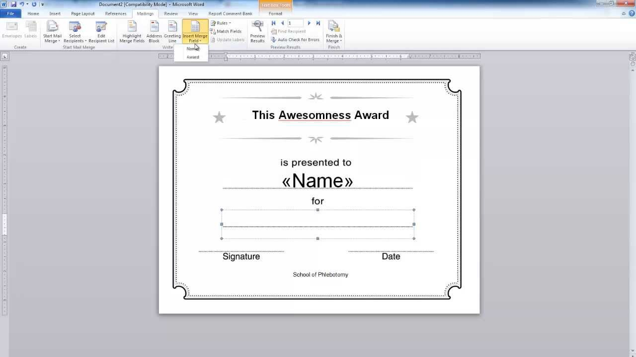 Word: Simple Mail Merge. Certificate Example Inside Free Certificate Templates For Word 2007
