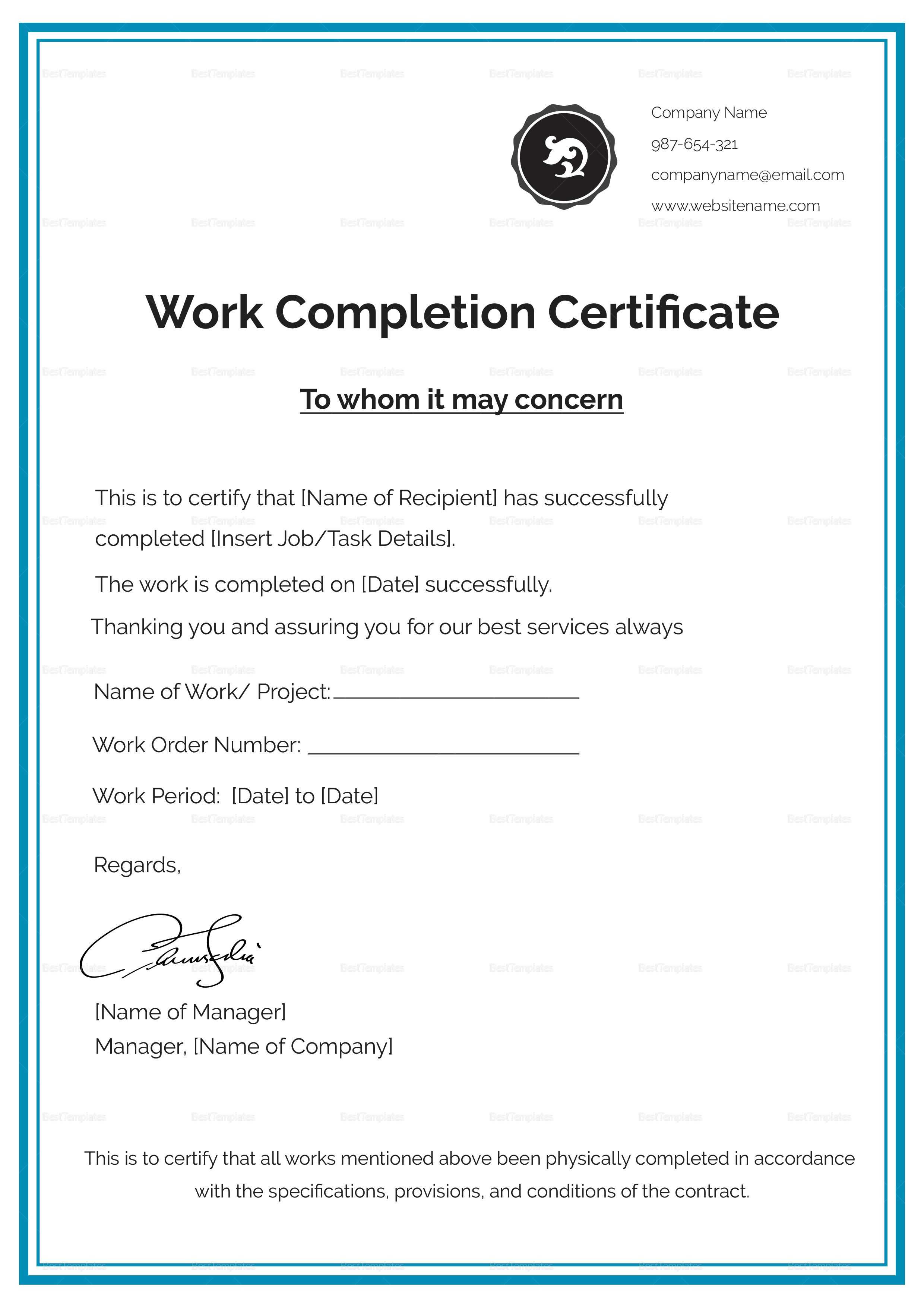 Work Completion Certificate Template | Angela Sworn Throughout Construction Certificate Of Completion Template