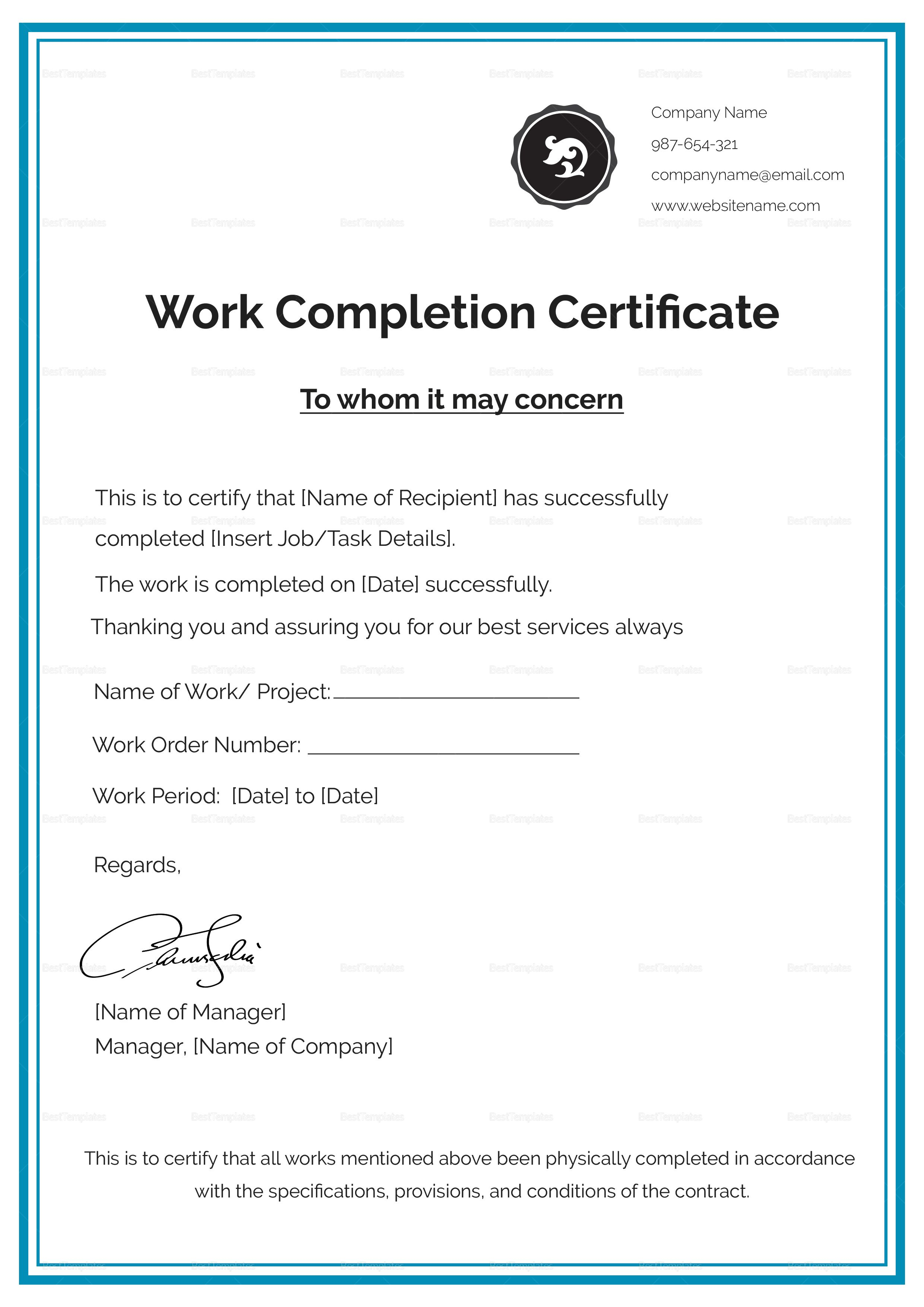 Work Completion Certificate Template In 2019 | Certificate Inside Certificate Template For Project Completion