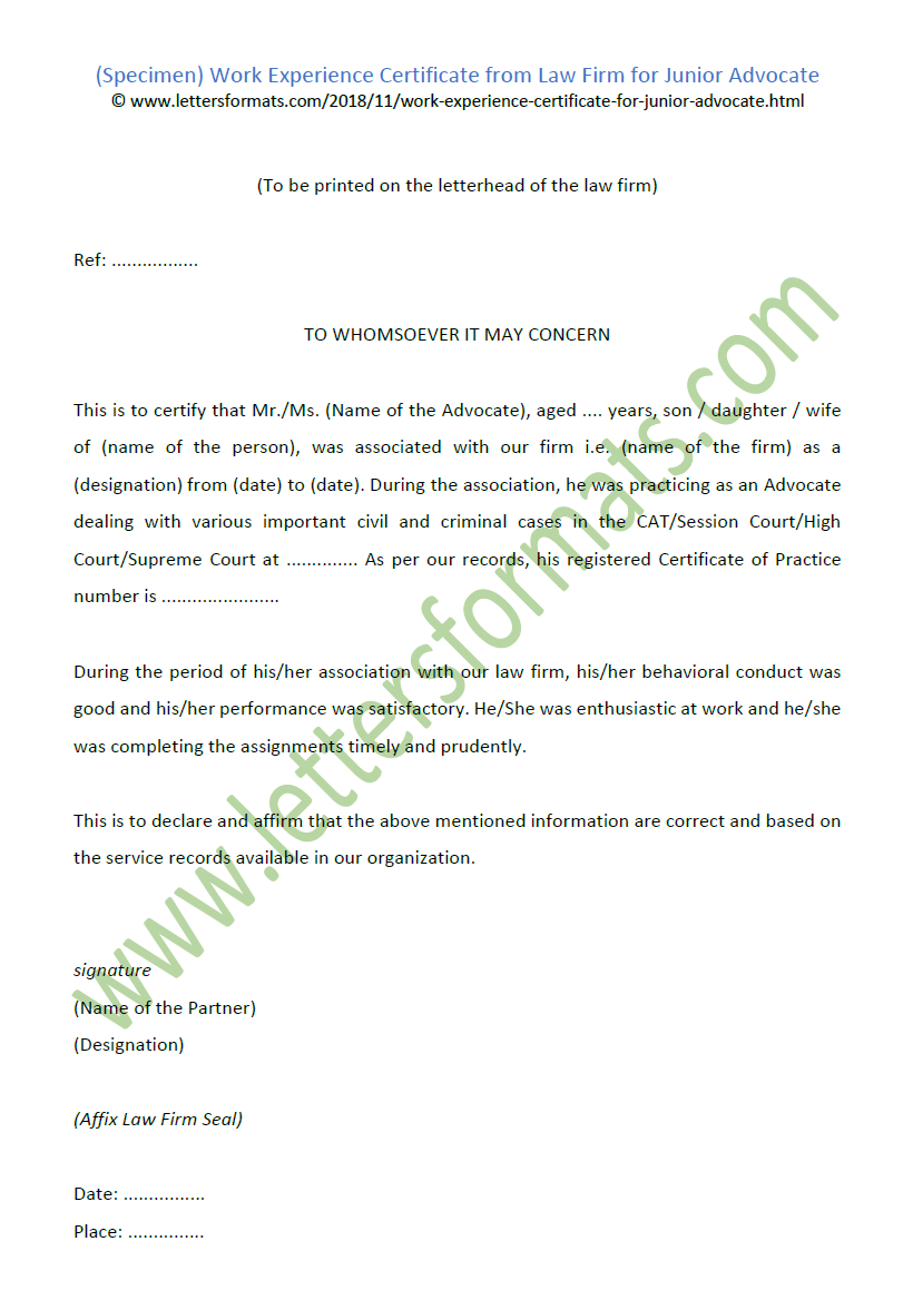 Work Experience Certificate From Law Firm For Junior Advocate Pertaining To Template Of Experience Certificate