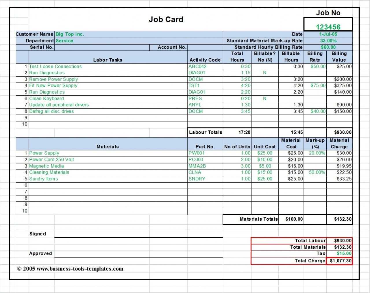 Workshop Job Card Template Excel, Labor & Material Cost Regarding Job Cost Report Template Excel