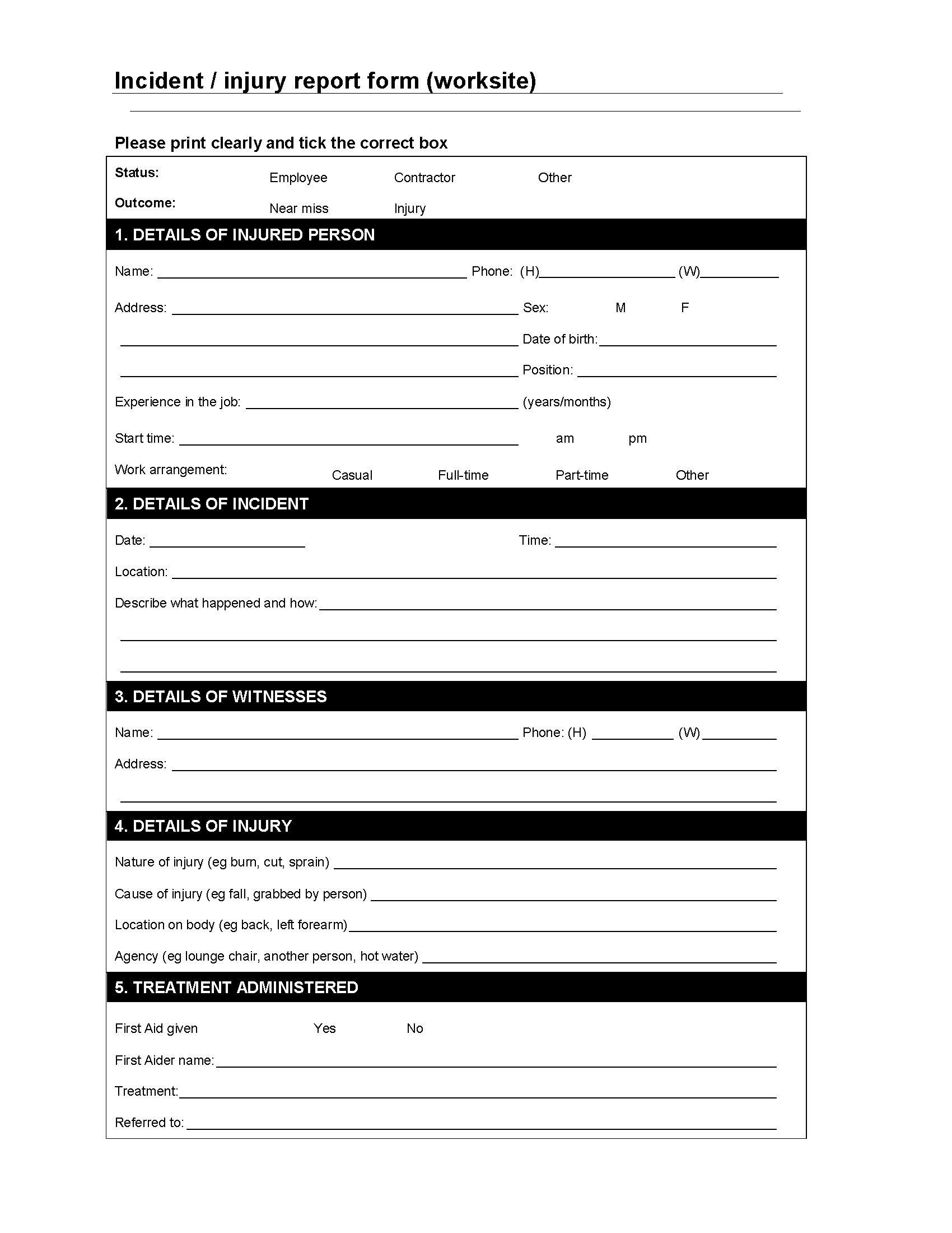 Worksite Incident / Injury Report Form | Legal Forms And Pertaining To Injury Report Form Template