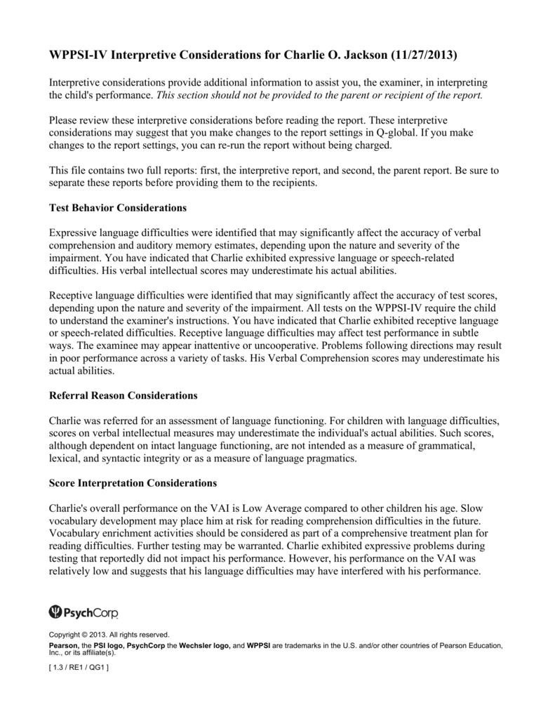 Wppsi Iv Interpretive Report Sample Pertaining To Wppsi Iv Report Template