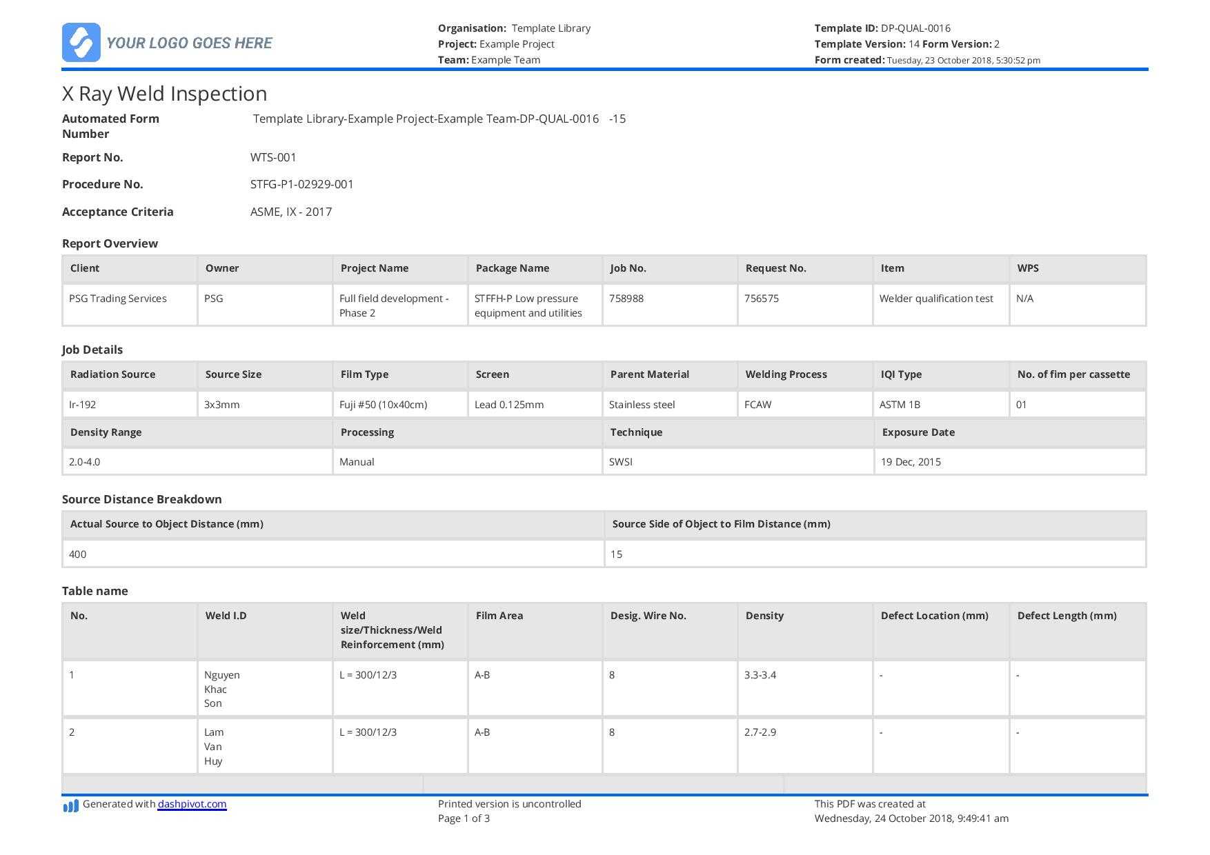 X Ray Weld Inpsection Template – Use And Customise For Free For Welding Inspection Report Template