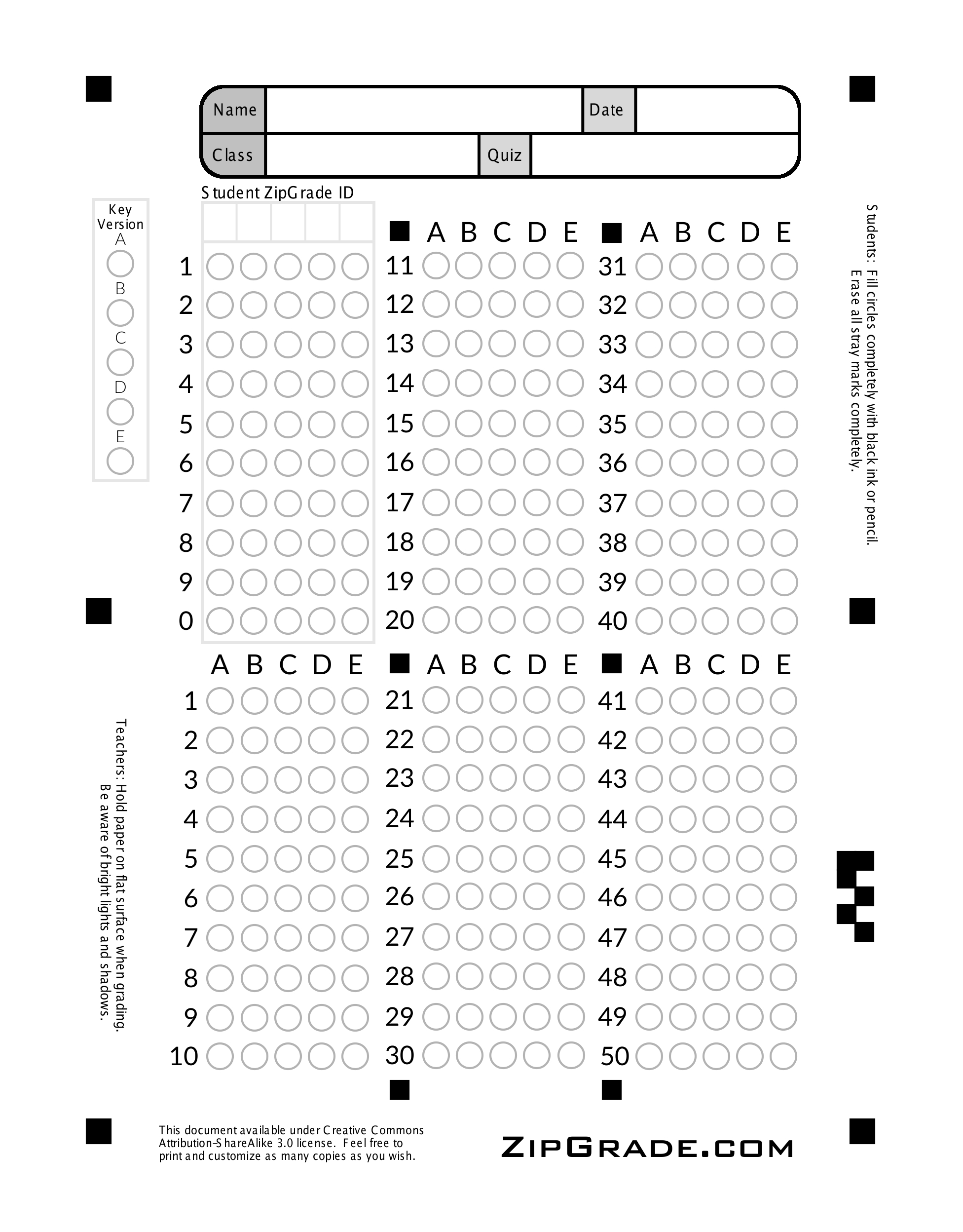 Zipgrade: Answer Sheet Forms With Blank Answer Sheet Template 1 100